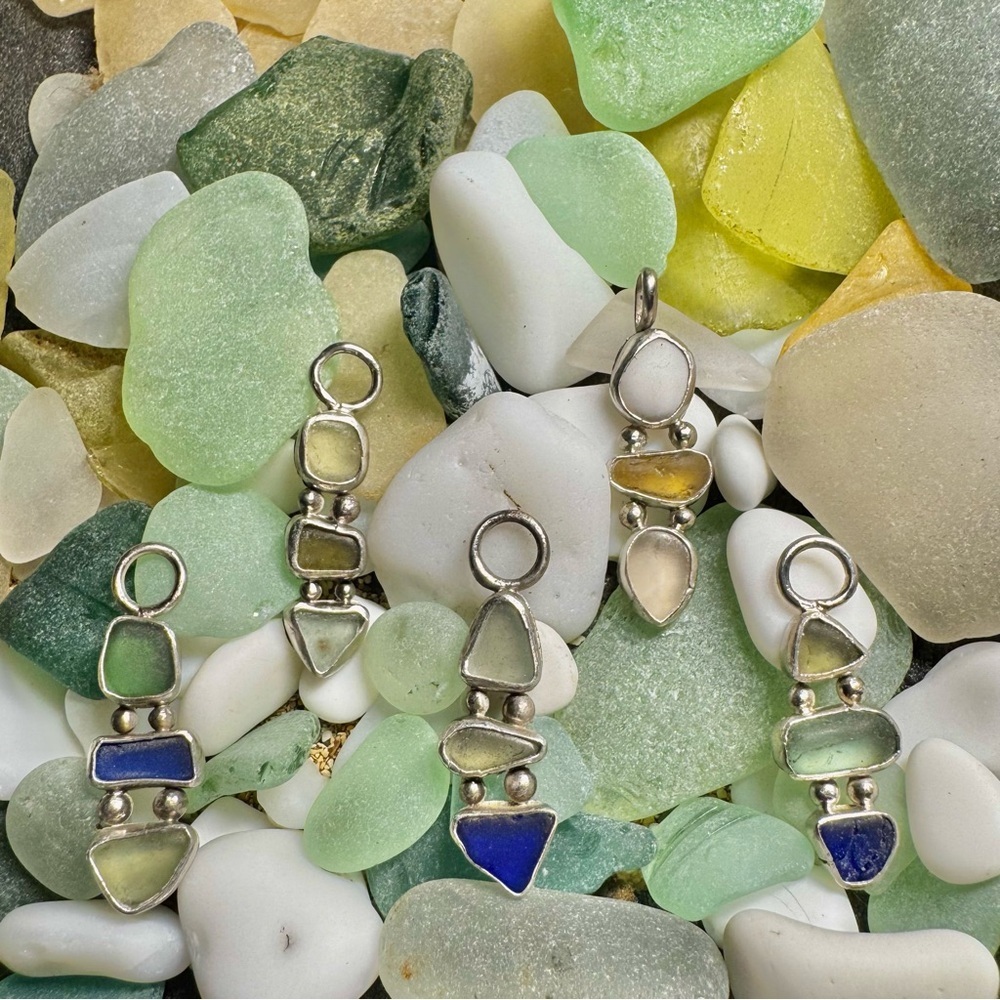 Triple sea glass necklace Handmade 995 925 sterling silver soldered Puerto Rico - Picture 3 of 3